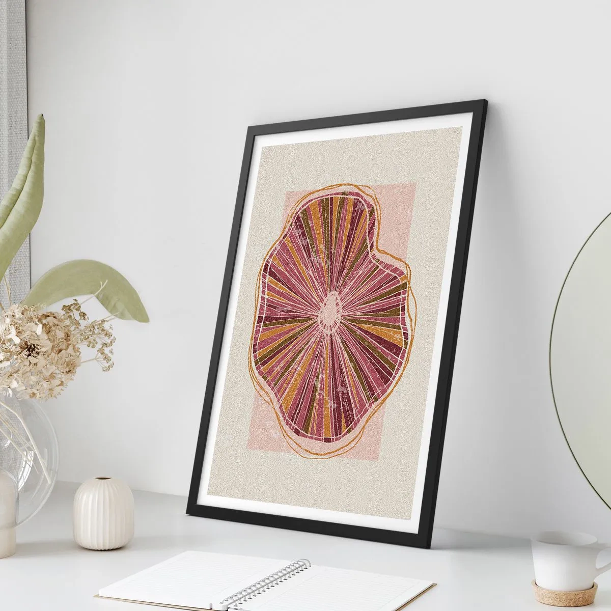 Plakat w czarnej ramie - Abstrakcyjny przekrój drzewa w odcieniach różu i brązu - 50x70cm - Abstrakcja promienista - Nowoczesna dekoracja ścienna do salonu i sypialni ARTTOR