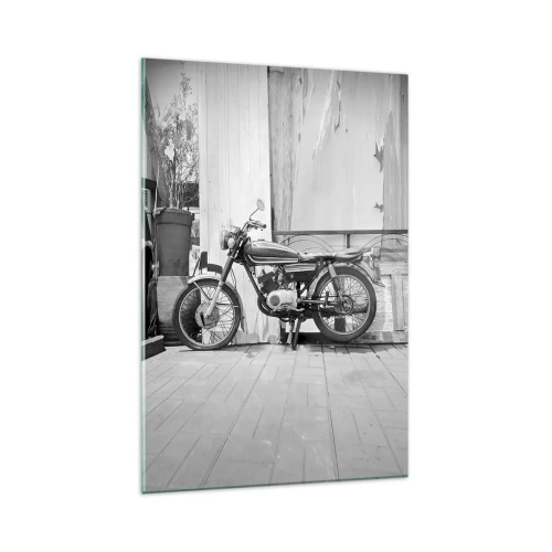 Obraz na szkle - Czarno-białe zdjęcie klasycznego motocykla - 80x120cm - Klasyka ponad wszystko - Nowoczesna dekoracja ścienna do salonu i sypialni ARTTOR