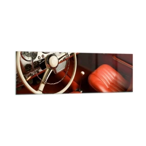Obraz na szkle - Wnętrze klasycznego samochodu z czerwonymi skórzanymi siedzeniami - 160x50cm - Luksus w stylu vintage - Nowoczesna dekoracja ścienna do salonu i sypialni ARTTOR