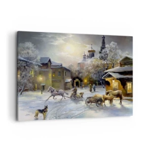 Obraz na płótnie - Zimowy krajobraz w rosyjskim miasteczku z saniami i kościołem - 100x70cm - Magia rosyjskiej zimy - Nowoczesna dekoracja ścienna do salonu, kuchni i sypialni ARTTOR