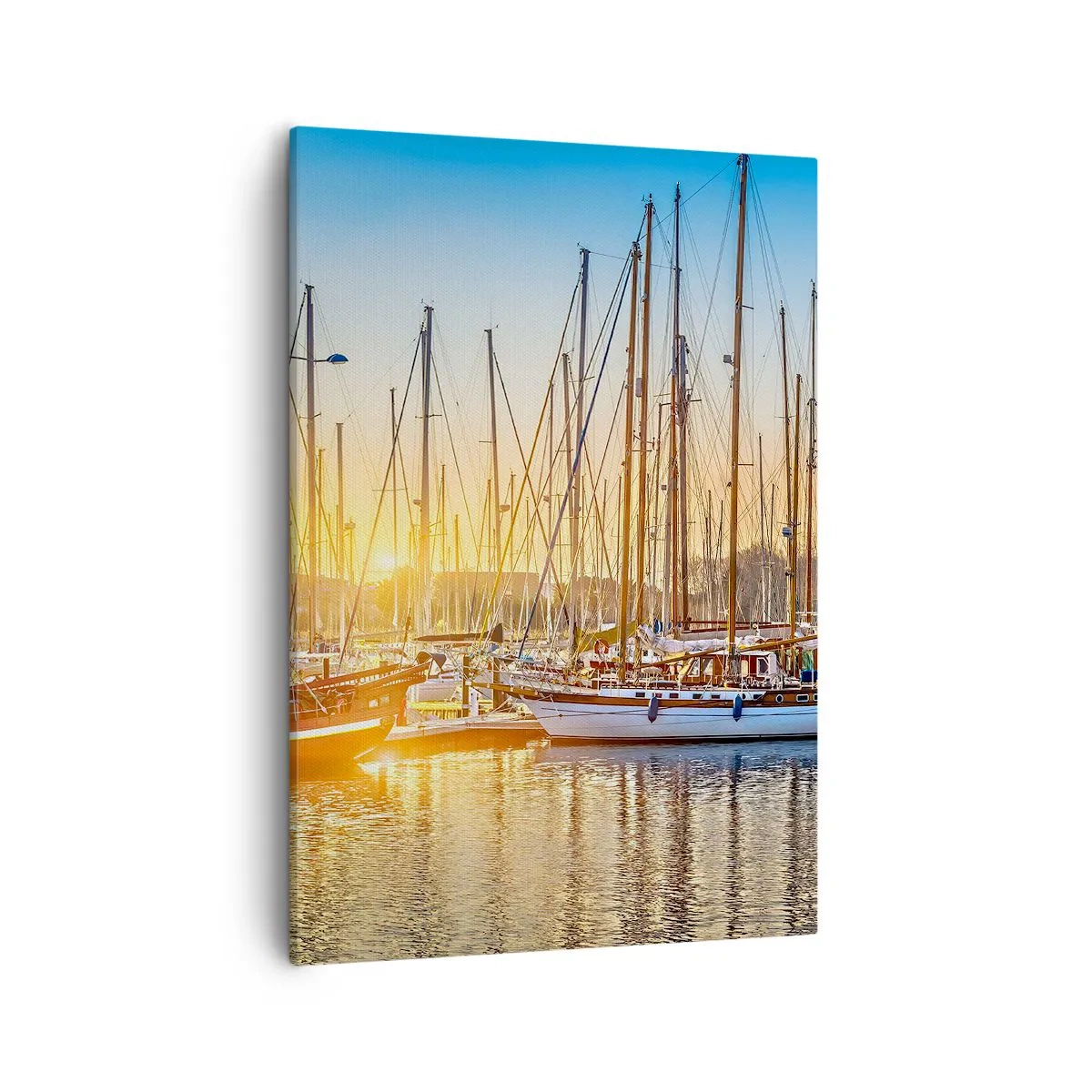 Obraz na płótnie - Port z żaglówkami oświetlony zachodzącym słońcem - 50x70cm - Wiatr też musi spać - Nowoczesna dekoracja ścienna do salonu, kuchni i sypialni ARTTOR