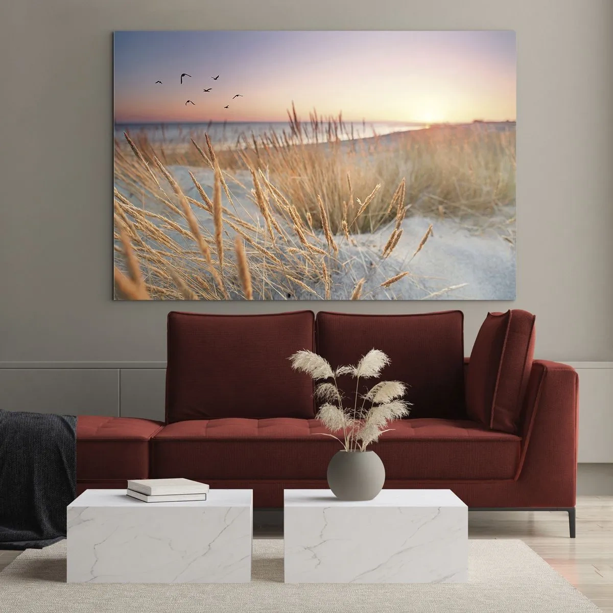 Obraz na szkle - Plaża z trawami i zachodzącym słońcem nad morzem - 70x50cm - Bałtycka kołysanka - Nowoczesna dekoracja ścienna do salonu i sypialni ARTTOR