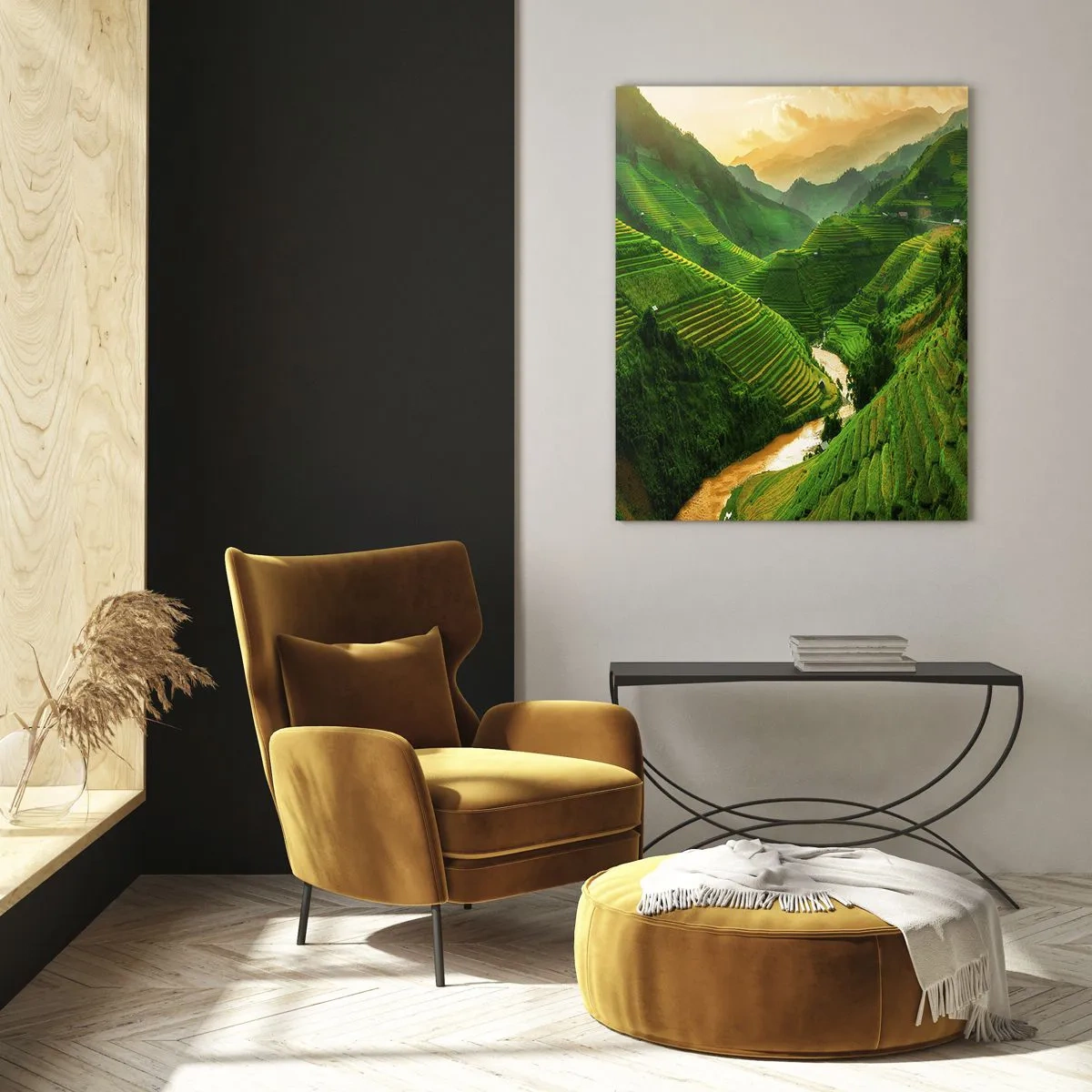 Obraz na szkle - Malownicze tarasy ryżowe w dolinie o zachodzie słońca - 50x70cm - Wietnamska dolina - Nowoczesna dekoracja ścienna do salonu, kuchni i sypialni ARTTOR