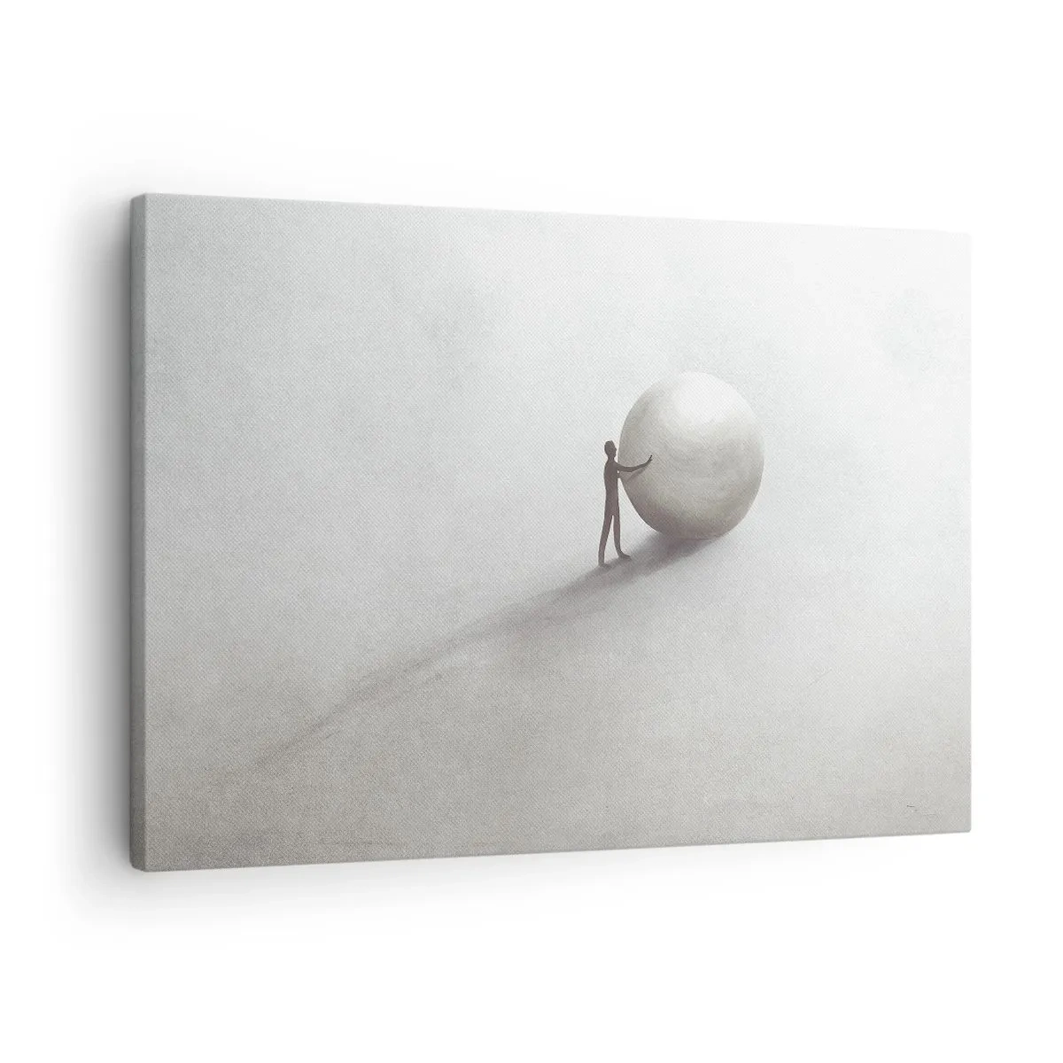 Obraz na płótnie - Minimalistyczna postać z kulą na jasnym, monochromatycznym tle - 70x50cm - Gra życia - Nowoczesna dekoracja ścienna do salonu i sypialni ARTTOR