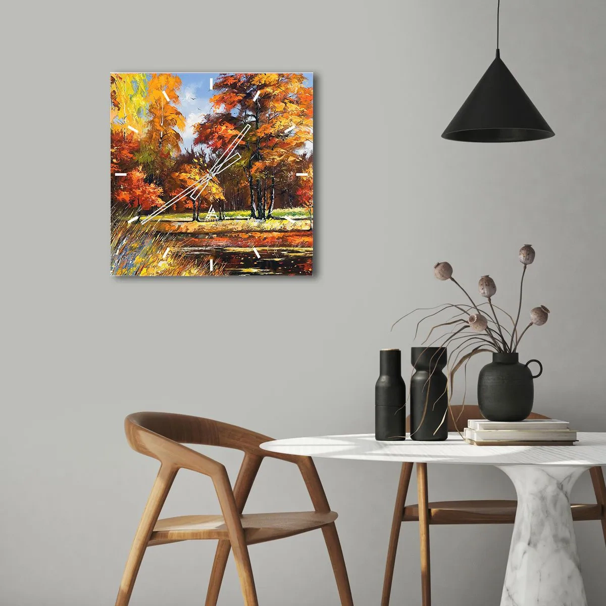 Zegar ścienny - Jesienny pejzaż z kolorowymi drzewami i stawem - 30x30cm - Pejzaż w złocie i brązie - Nowoczesna dekoracja ścienna do salonu i sypialni ARTTOR