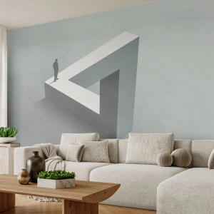 Fototapeta Premium Canvas - Postać stojąca na trójkącie Penrose’a w szarościach - 100x70cm - A jednak możliwe - Nowoczesna dekoracja ścienna do salonu i sypialni ARTTOR