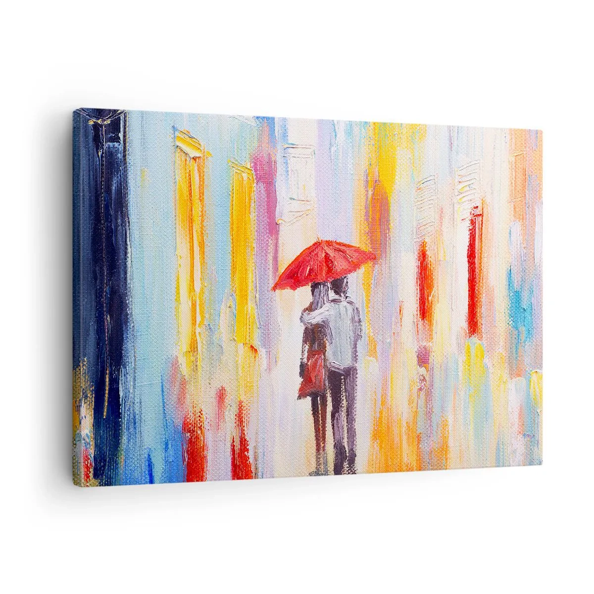 Obraz na płótnie - Para pod czerwoną parasolką na tle kolorowych budynków - 70x50cm - Niech pada dalej - Nowoczesna dekoracja ścienna do salonu i sypialni ARTTOR