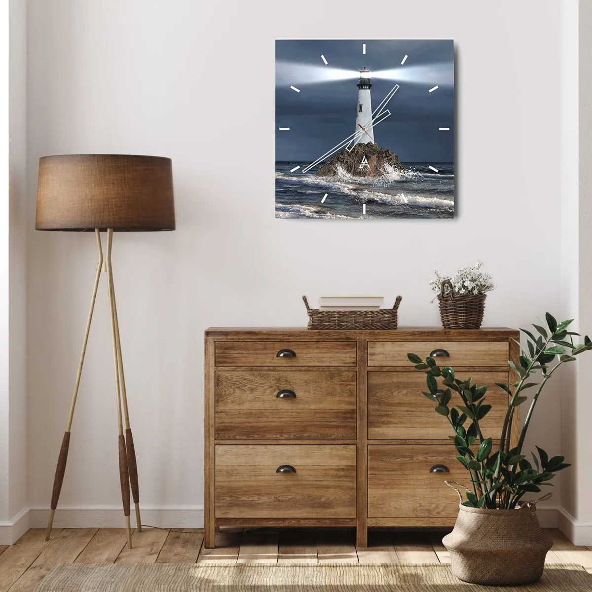 Zegar ścienny - Latarnia morska na skale otoczona wzburzonym morzem - 30x30cm - Tu…tu…tutaj! - Nowoczesna dekoracja ścienna do salonu i sypialni ARTTOR