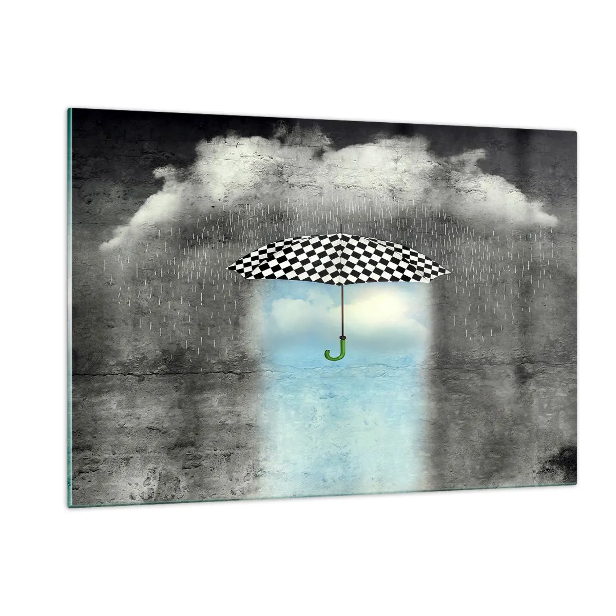 Obraz na szkle - Parasol w czarno-białą kratę na tle deszczu i chmur - 120x80cm - A jednak możliwe - Nowoczesna dekoracja ścienna do salonu, kuchni i sypialni ARTTOR