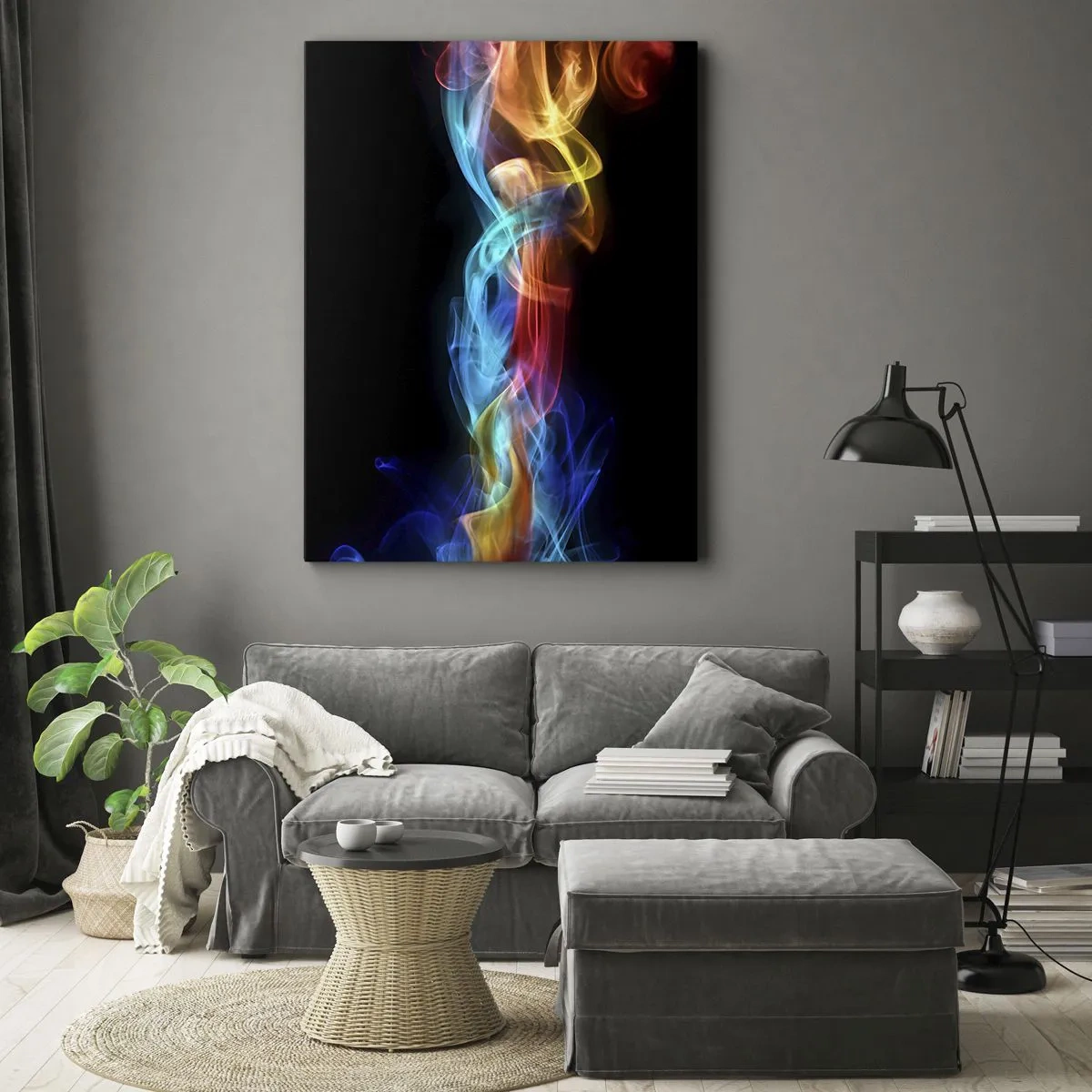 Obraz na płótnie - Kolorowy dym na czarnym tle - 50x70cm - Tęczowy taniec mgieł - Nowoczesna dekoracja ścienna do salonu, kuchni i sypialni ARTTOR