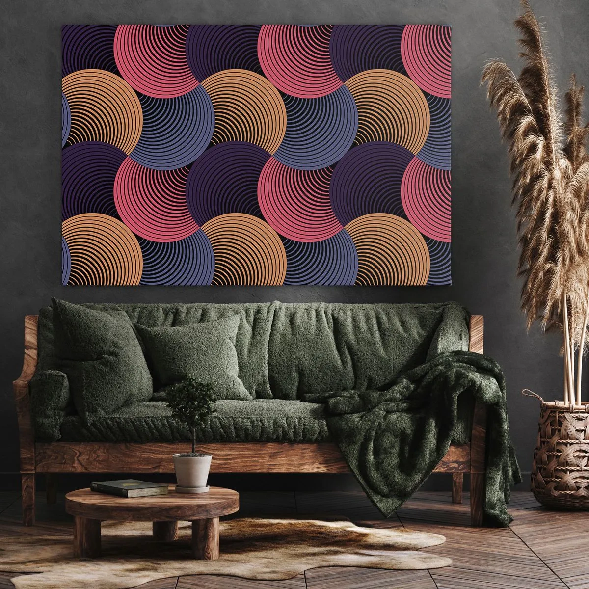 Obraz na płótnie - Geometryczne kręgi w odcieniach różu, fioletu i złota - 120x80cm - W kolistym rytmie - Nowoczesna dekoracja ścienna do salonu, kuchni i sypialni ARTTOR
