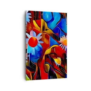 Obraz na płótnie - Abstrakcyjne kwiaty na tle geometrycznych wzorów - 80x120cm - Kolory życia - Nowoczesna dekoracja ścienna do salonu i sypialni ARTTOR