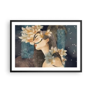 Plakat w czarnej ramie - Portret kobiety z kwiatami w artystycznym stylu na ciemnym tle - 70x50cm - Baśń o królewnie z liliami - Nowoczesna dekoracja ścienna do salonu i sypialni ARTTOR