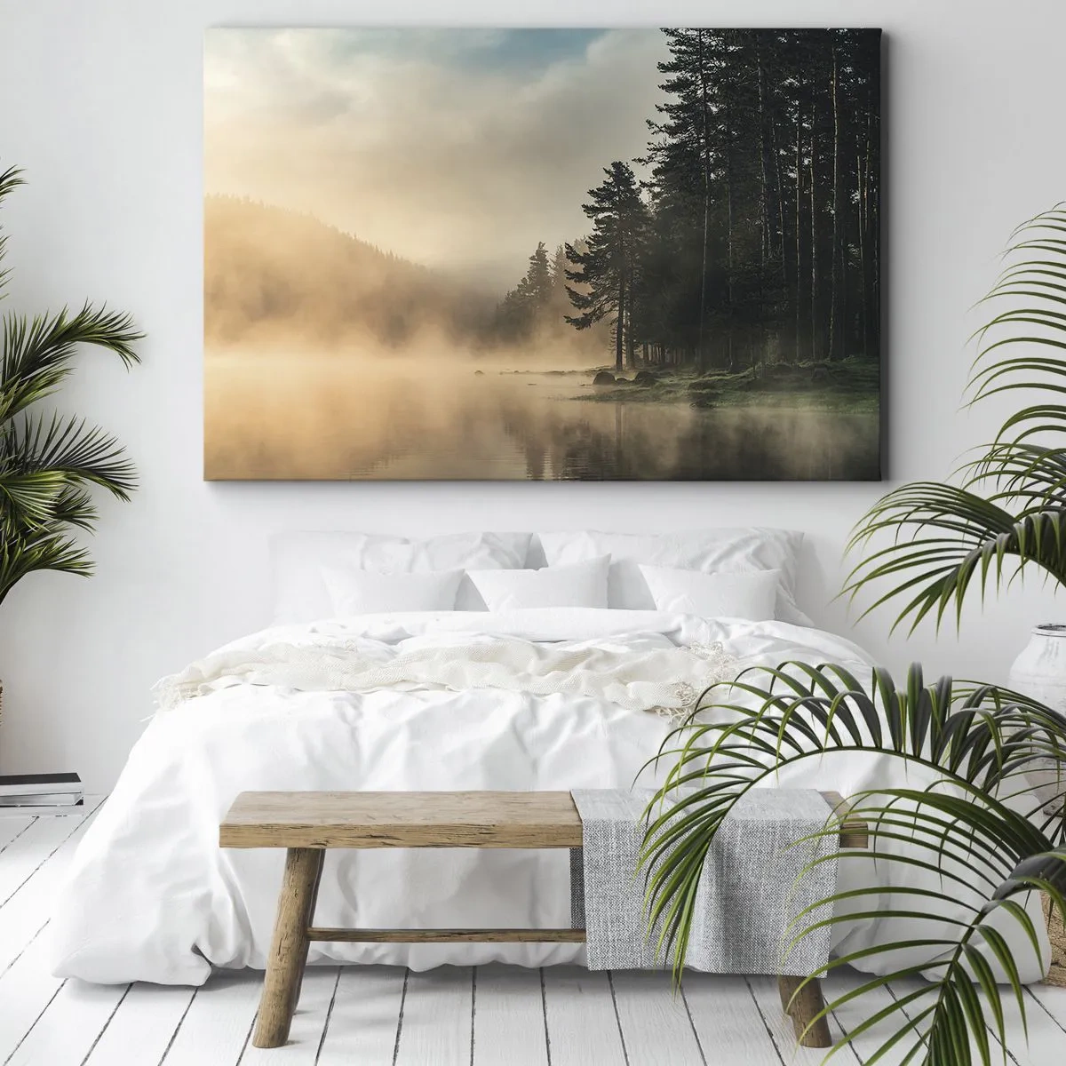 Obraz na płótnie - Mglisty las nad spokojnym jeziorem - 70x50cm - Narodziny dnia - Nowoczesna dekoracja ścienna do salonu i sypialni ARTTOR