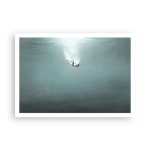 Plakat - Postać zanurzająca się w głębokiej wodzie o turkusowym odcieniu - 100x70cm - W objęciach oceanu - Nowoczesna dekoracja ścienna do salonu i sypialni ARTTOR