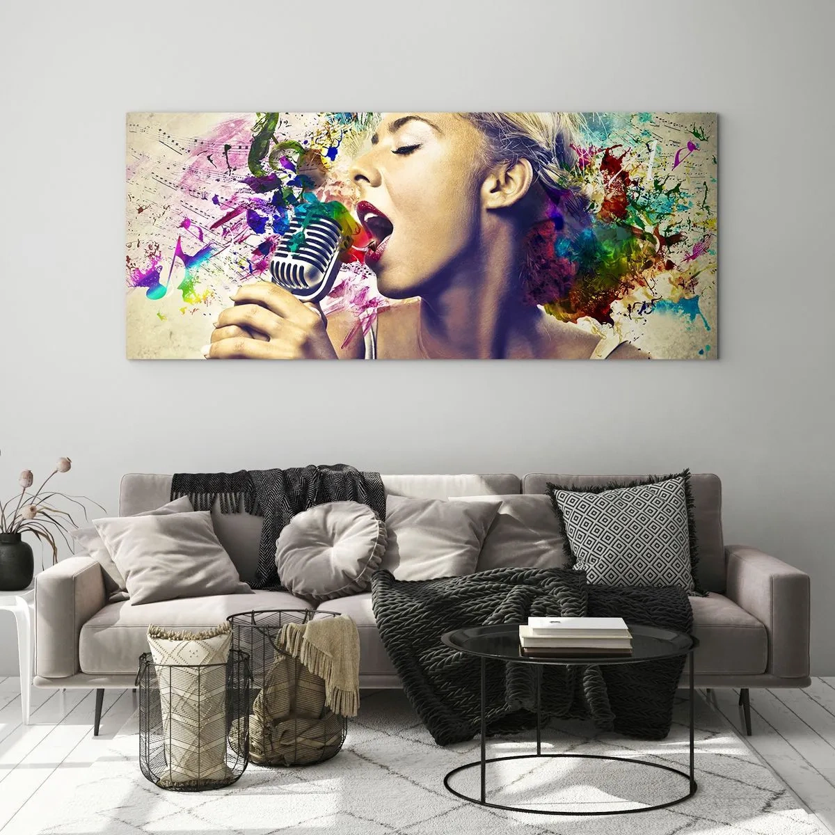 Obraz na szkle - Artystyczny portret kobiety śpiewającej z kolorowymi efektami - 140x50cm - Pomalować głosem świat - Nowoczesna dekoracja ścienna do salonu i sypialni ARTTOR