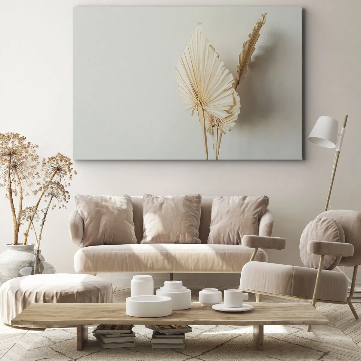 Obraz na płótnie - Suszone liście palmowe w minimalistycznej aranżacji - 120x80cm - Gdy potrzebne ukojenie - Nowoczesna dekoracja ścienna do salonu, kuchni i sypialni ARTTOR