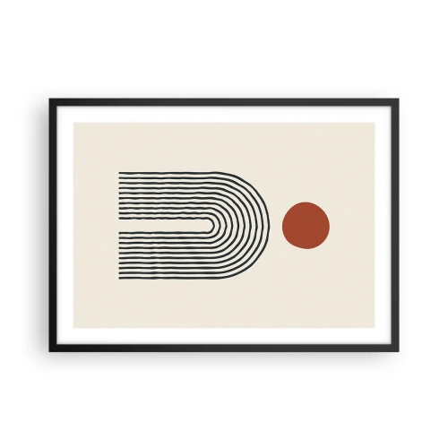 Plakat w czarnej ramie - Nowoczesny abstrakcyjny wzór z liniami i czerwonym okręgiem - 70x50cm - Magnetyzm kształtów i barw - Nowoczesna dekoracja ścienna do salonu i sypialni ARTTOR