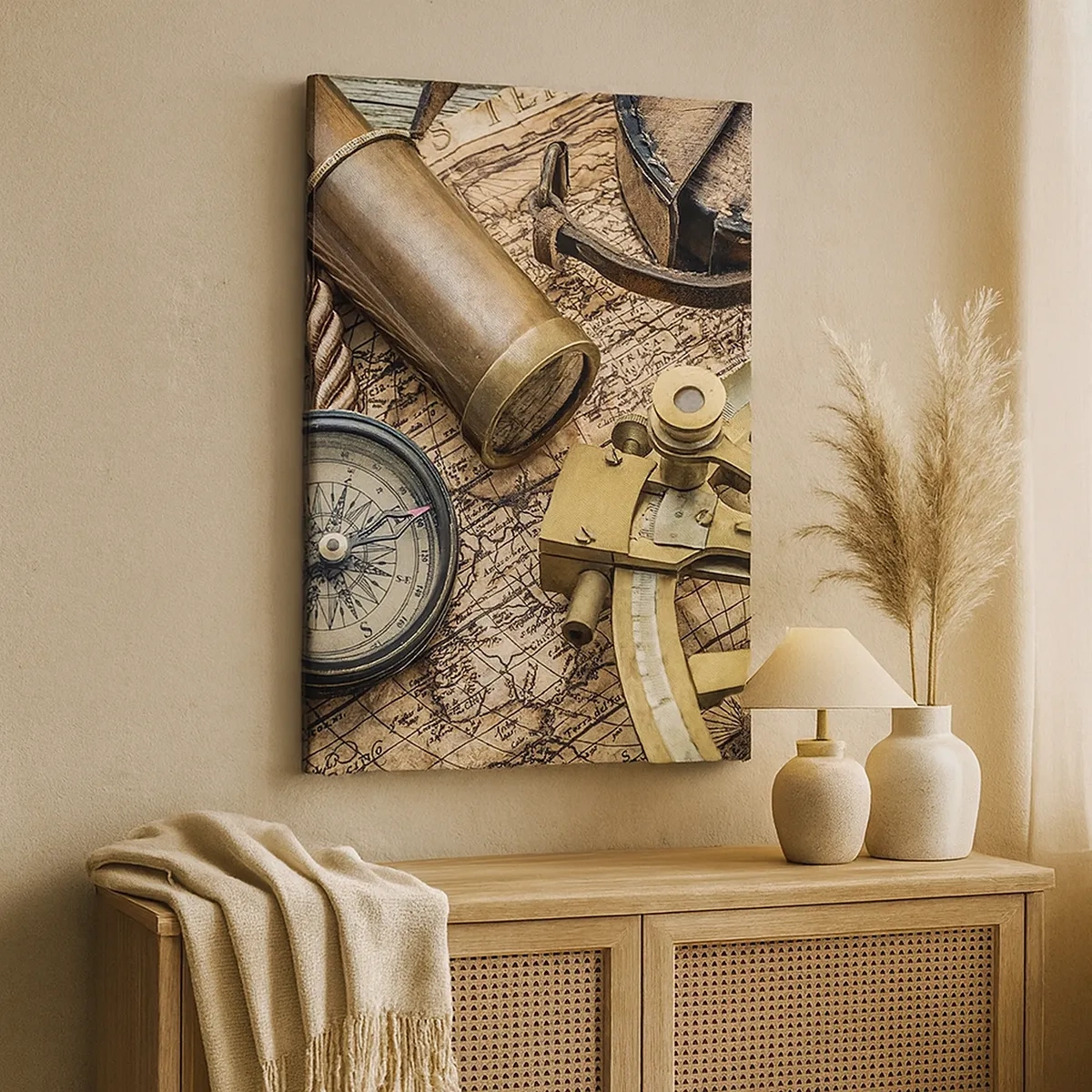 Obraz na płótnie - Stare przyrządy nawigacyjne na tle zabytkowej mapy świata - 50x70cm - Wyznacz kurs - Nowoczesna dekoracja ścienna do salonu, kuchni i sypialni ARTTOR