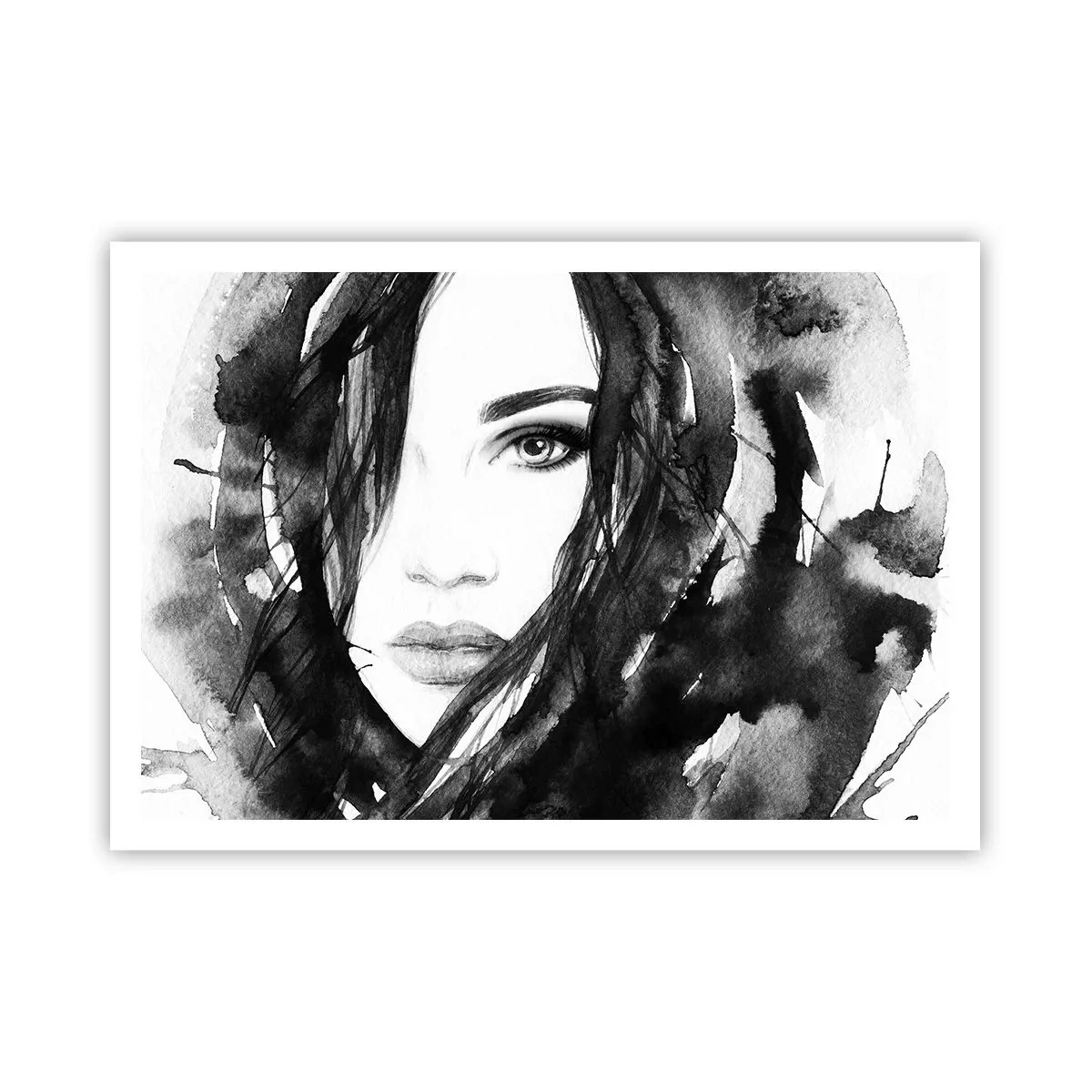 Plakat - Portret kobiety w czarno-białej akwareli - 100x70cm - Portret damy w czerni i bieli - Nowoczesna dekoracja ścienna do salonu i sypialni ARTTOR