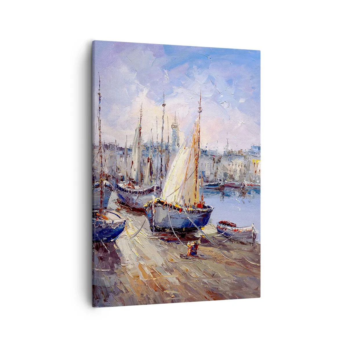 Obraz na płótnie - Impresjonistyczny obraz portu z żaglówkami na tle błękitnego nieba - 50x70cm - Miasto nad zatoką - Nowoczesna dekoracja ścienna do salonu, kuchni i sypialni ARTTOR