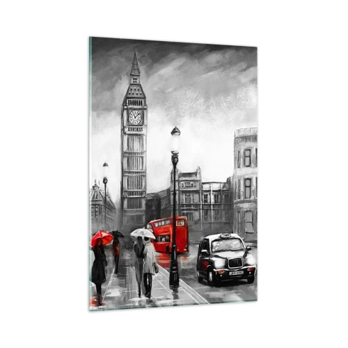 Obraz na szkle - Scena z Londynu w czarno-białym stylu z czerwonymi akcentami - 80x120cm - Wcale nie szare miasto - Nowoczesna dekoracja ścienna do salonu i sypialni ARTTOR