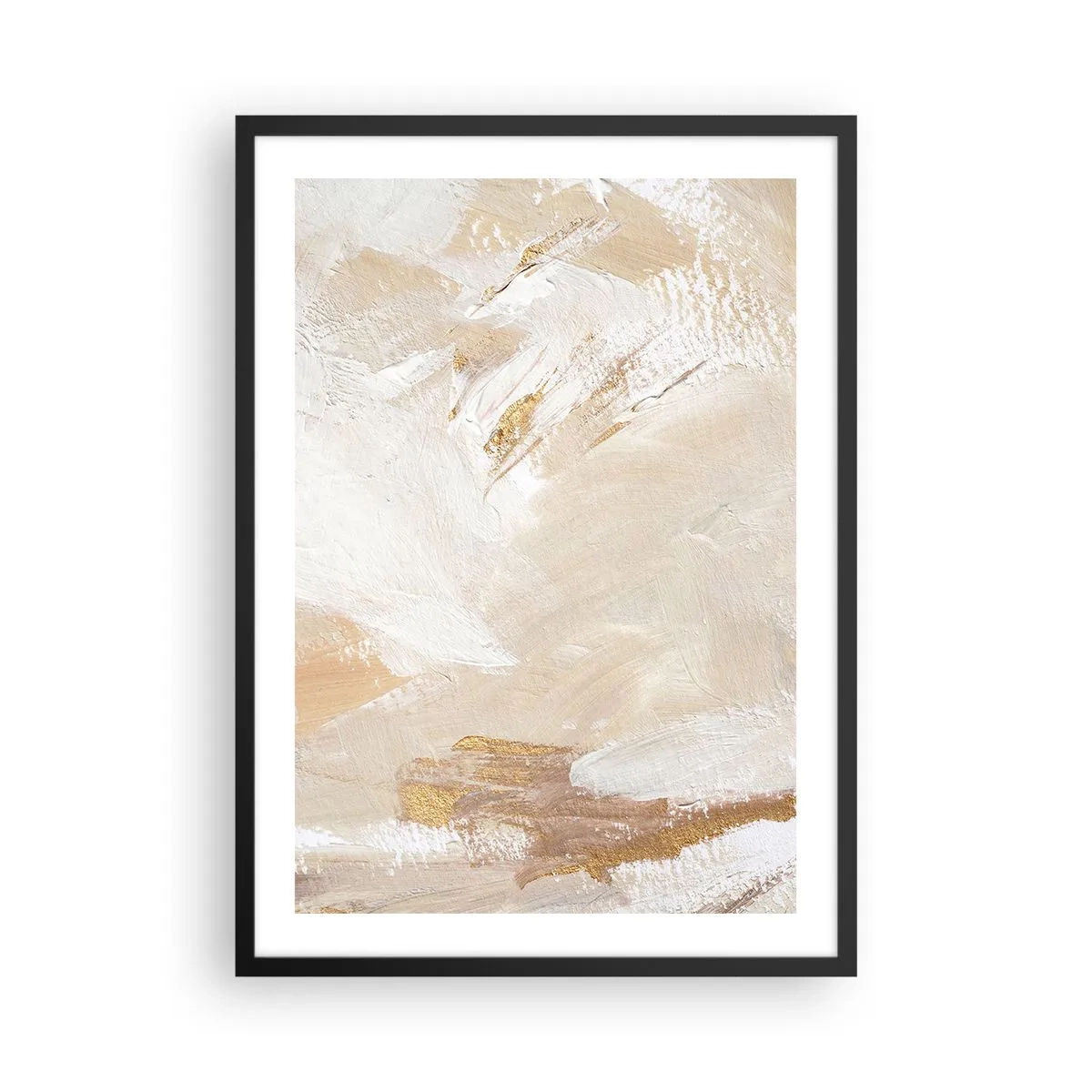 Plakat w czarnej ramie - Abstrakcyjne pociągnięcia pędzla w beżach i złocie - 50x70cm - Pastelowa kompozycja - Nowoczesna dekoracja ścienna do salonu i sypialni ARTTOR