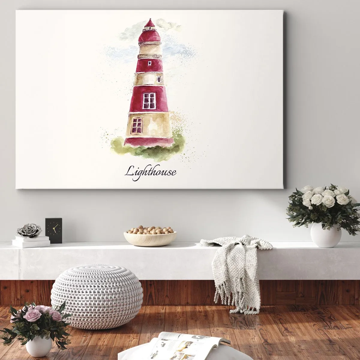 Obraz na płótnie - Akwarelowy obraz latarni morskiej na jasnym tle z napisem - 100x70cm - Wokół zawsze pogoda - Nowoczesna dekoracja ścienna do salonu, kuchni i sypialni ARTTOR
