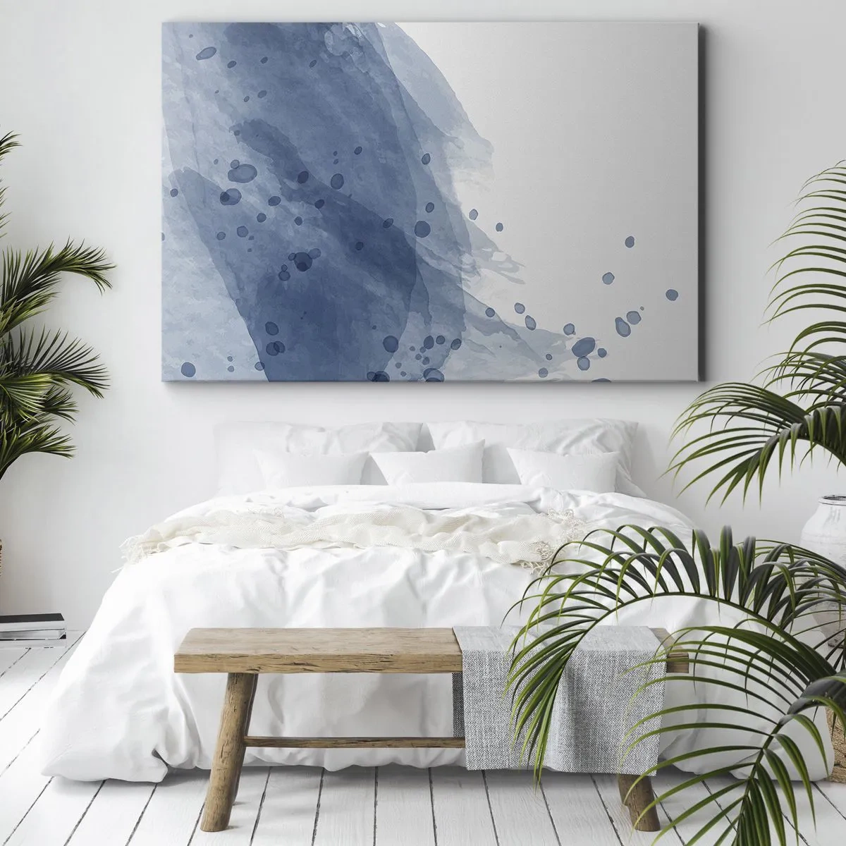 Obraz na płótnie - Abstrakcyjne plamy i smugi w odcieniach niebieskiego - 70x50cm - Niebieski tiul - Nowoczesna dekoracja ścienna do salonu i sypialni ARTTOR