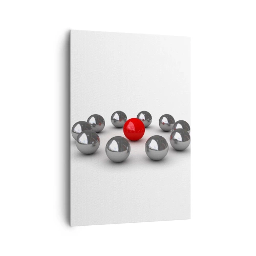 Obraz na płótnie - Czerwona kula otoczona srebrnymi kulami na białym tle - 70x100cm - Krąg w srebrze i czerwieni - Nowoczesna dekoracja ścienna do salonu i sypialni ARTTOR