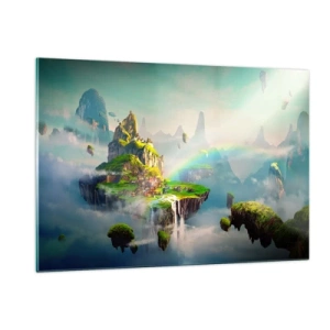 Obraz na szkle - Latające wyspy w chmurach z tęczą i wodospadami - 120x80cm - Śródniebie - wyspy szczęśliwe - Nowoczesna dekoracja ścienna do salonu, kuchni i sypialni ARTTOR