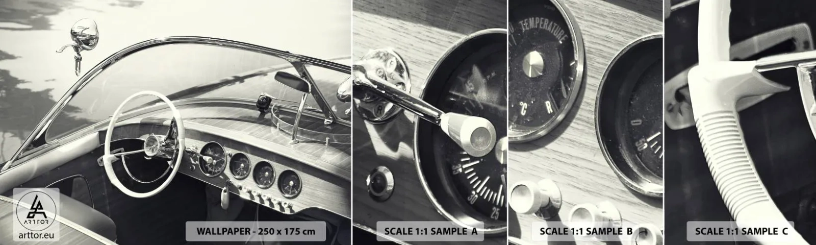 Fototapeta Próbka Standard Eco - Pogoda dla bogaczy - Łódź Vintage, Motorówka, Czarno-Biały - 100x30 cm