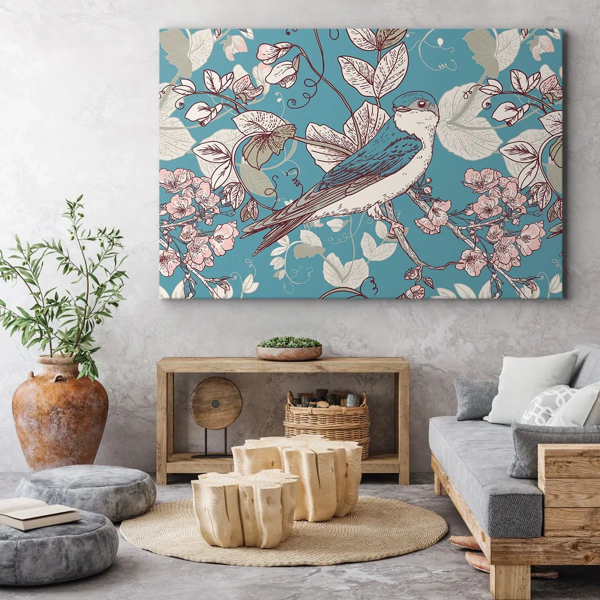 Obraz na płótnie - Ptak na gałęzi w delikatnym floralnym stylu - 70x50cm - W białodrzewiu ćwirnie i srebliście - Nowoczesna dekoracja ścienna do salonu i sypialni ARTTOR