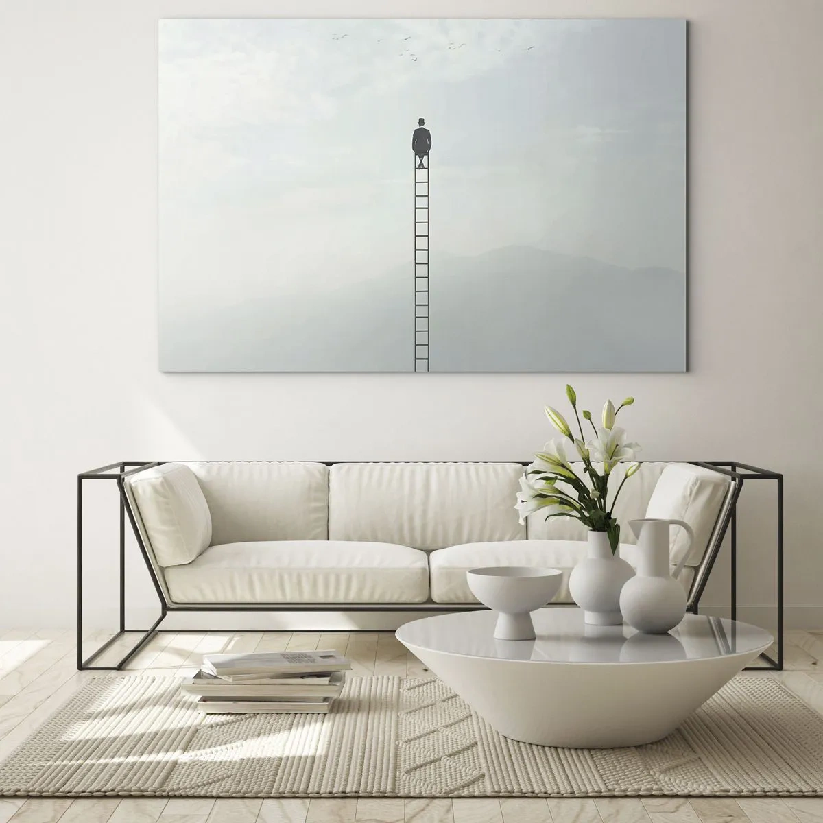 Obraz na szkle - Sylwetka mężczyzny na szczycie drabiny w chmurach - 70x50cm - Wznieś się ponadto - Nowoczesna dekoracja ścienna do salonu i sypialni ARTTOR
