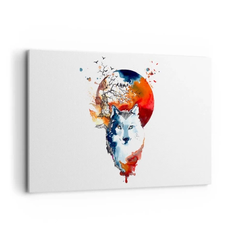 Obraz na płótnie - Abstrakcyjna akwarela wilka na tle czerwonego księżyca - 120x80cm - Nos w nos z nocą - Nowoczesna dekoracja ścienna do salonu, kuchni i sypialni ARTTOR