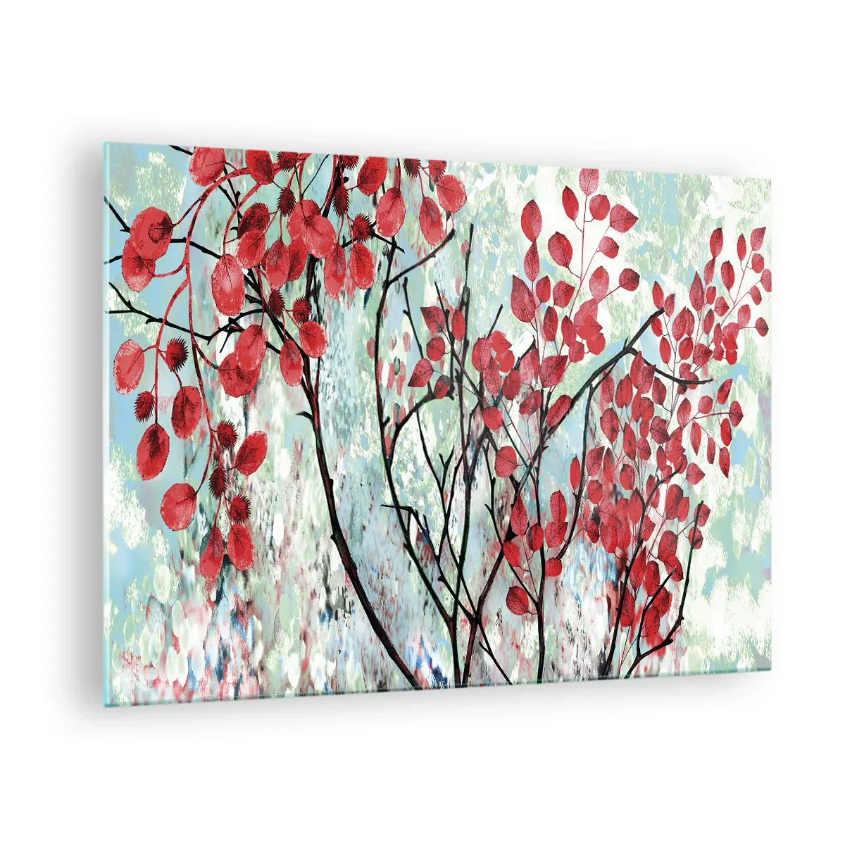 Obraz na szkle - Gałęzie z czerwonymi liśćmi na malarskim tle - 70x50cm - Drzewo w szkarłacie - Nowoczesna dekoracja ścienna do salonu i sypialni ARTTOR