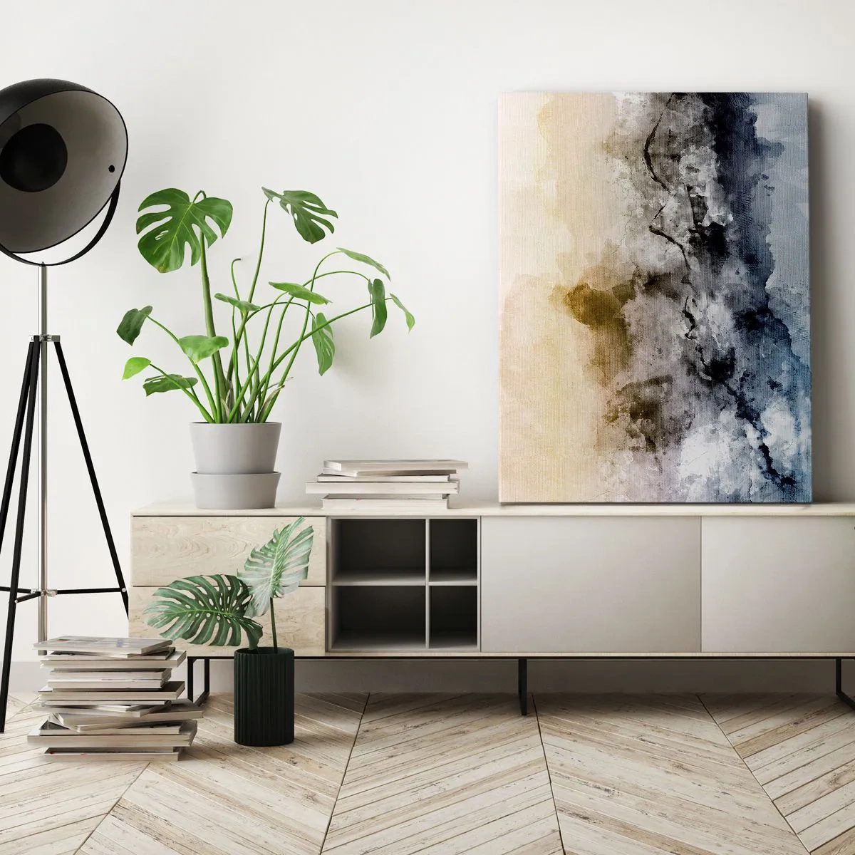 Obraz na płótnie - Abstrakcyjny krajobraz z mgłą i subtelnymi kolorami - 70x100cm - Zatopione w tumanie mgły - Nowoczesna dekoracja ścienna do salonu i sypialni ARTTOR