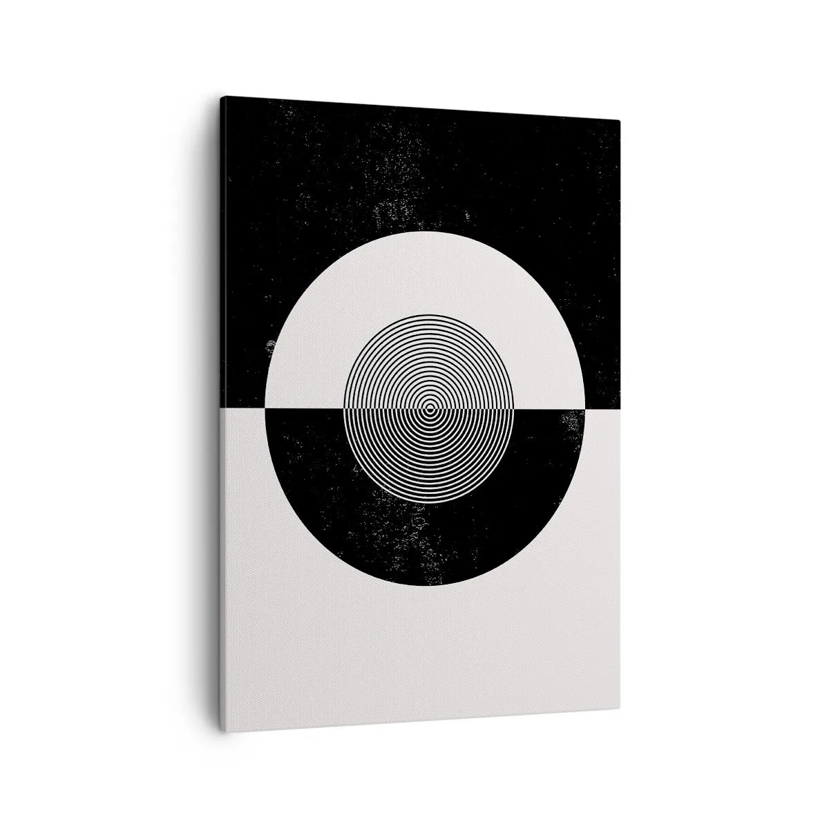 Obraz na płótnie - Geometryczna kompozycja czarno-białych okręgów na podzielonym tle - 50x70cm - Harmonia w czerni i bieli - Nowoczesna dekoracja ścienna do salonu, kuchni i sypialni ARTTOR