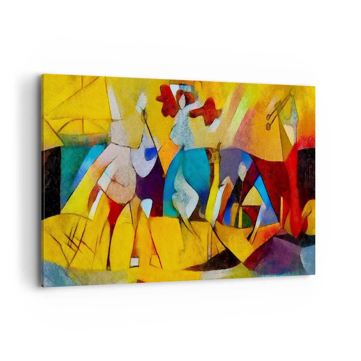 Obraz na płótnie - Kolorowa abstrakcja przedstawiająca postacie w geometrycznej formie - 100x70cm - Słońce - życie - radość - Nowoczesna dekoracja ścienna do salonu, kuchni i sypialni ARTTOR