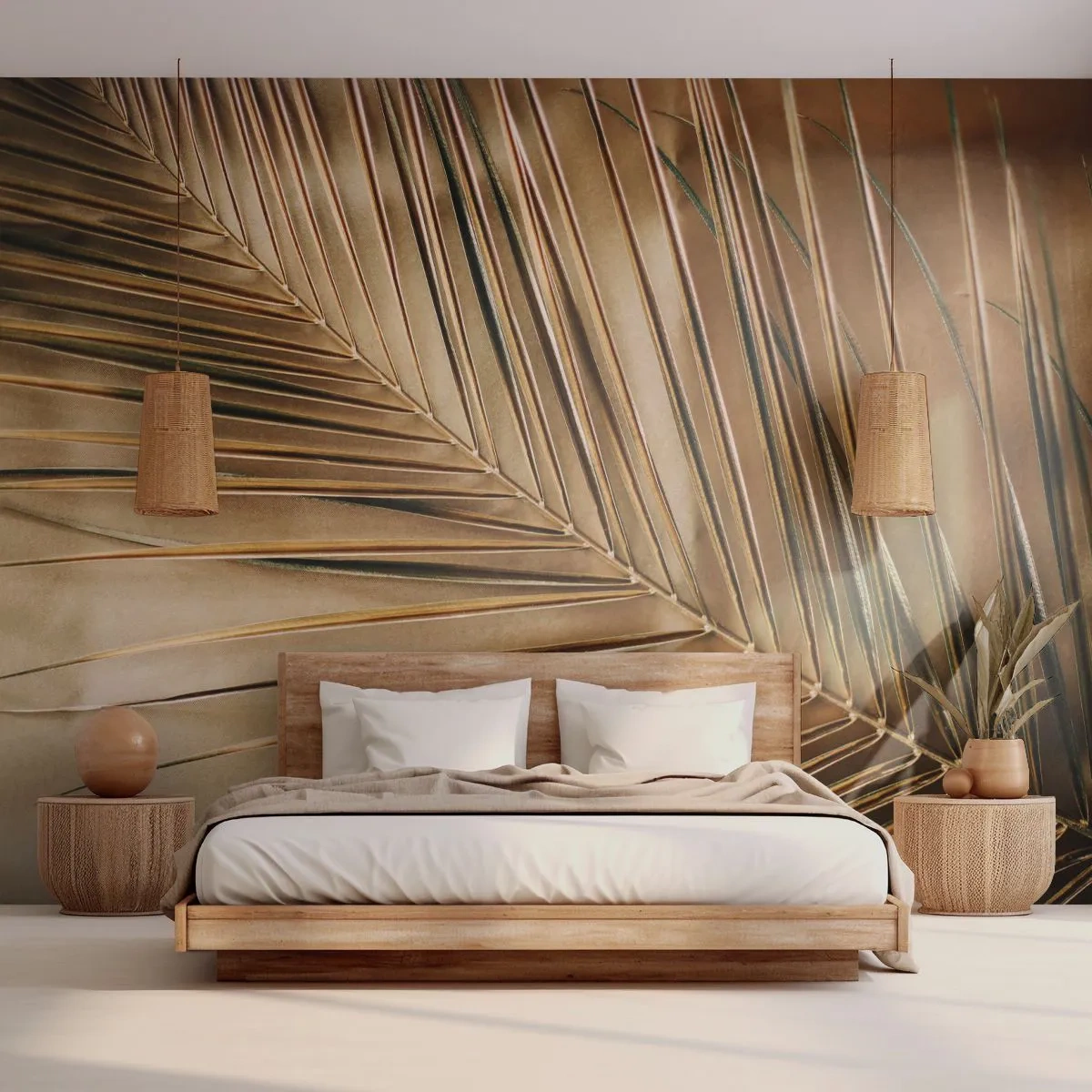 Fototapeta Premium Sand - Złote liście palmowe w artystycznym ujęciu - 100x70cm - Naturalna kolumnada - Nowoczesna dekoracja ścienna do salonu, kuchni i sypialni ARTTOR