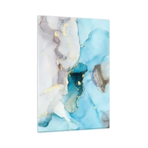 Obraz na szkle - Abstrakcja w odcieniach błękitu i złota z subtelnymi liniami - 80x120cm - Studium spotkania szarości z turkusem - Nowoczesna dekoracja ścienna do salonu i sypialni ARTTOR