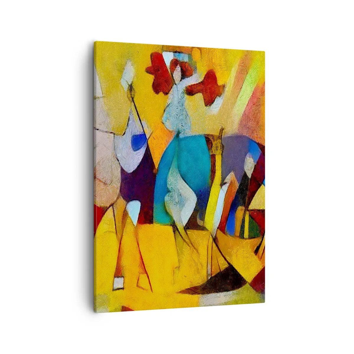 Obraz na płótnie - Kolorowa abstrakcja z postaciami i geometrycznymi kształtami - 50x70cm - Słońce - życie - radość - Nowoczesna dekoracja ścienna do salonu, kuchni i sypialni ARTTOR