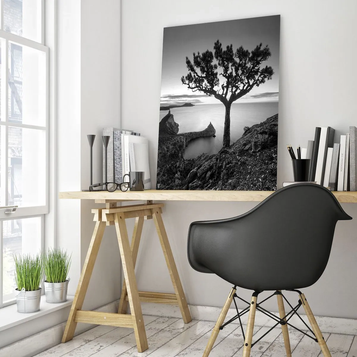 Obraz na szkle - Drzewo na klifie z widokiem na zatokę - 50x70cm - Spokój aż po horyzont - Nowoczesna dekoracja ścienna do salonu, kuchni i sypialni ARTTOR