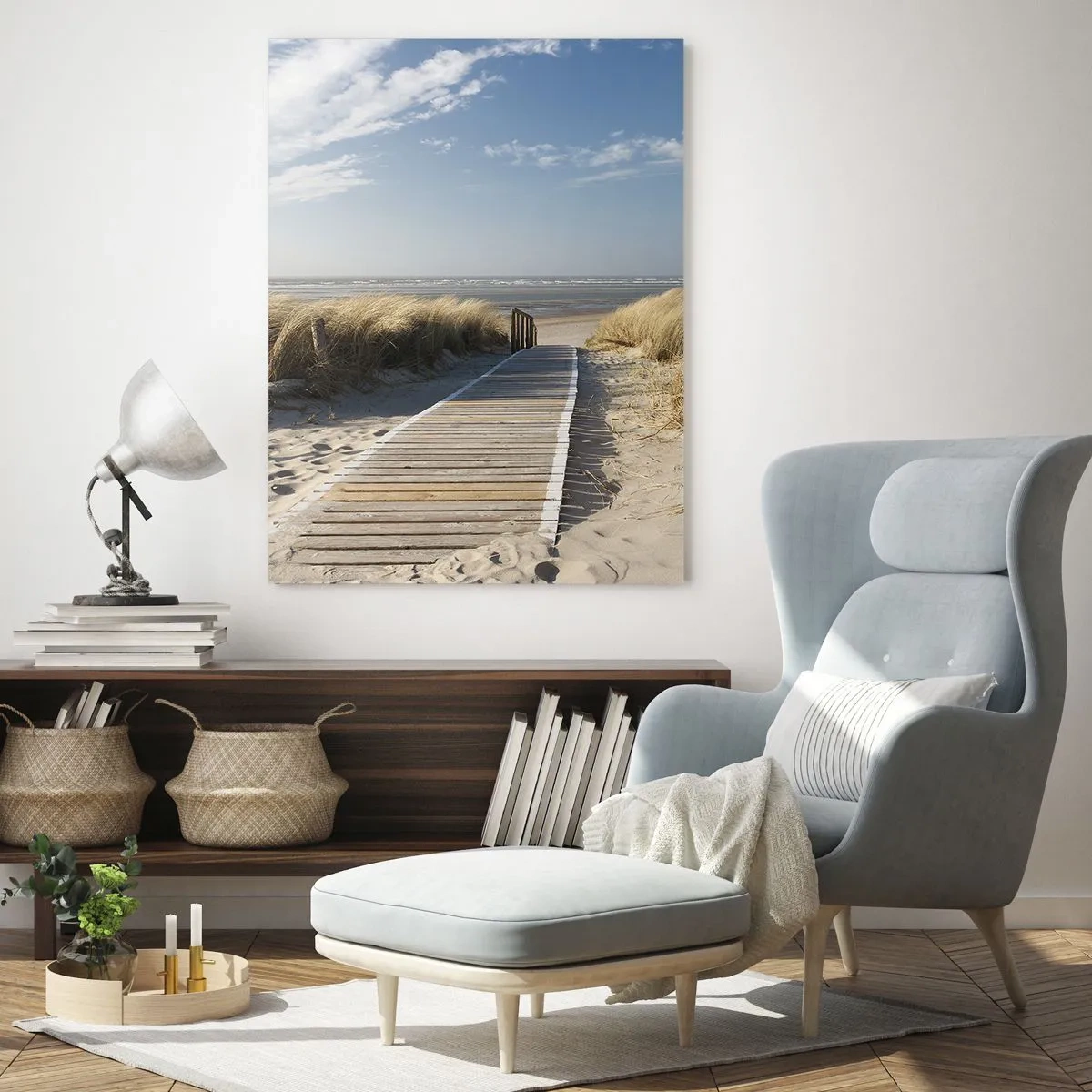 Obraz na szkle - Drewniana ścieżka przez wydmy prowadząca na plażę - 50x70cm - Za wydmą, w szumie traw - Nowoczesna dekoracja ścienna do salonu, kuchni i sypialni ARTTOR