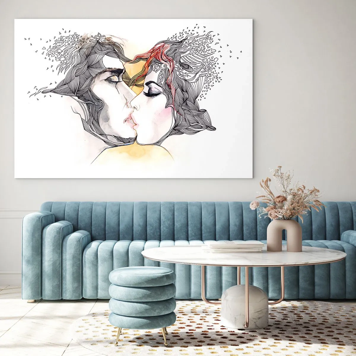 Obraz na szkle - Abstrakcyjny pocałunek pary z artystycznymi wzorami - 70x50cm - Świat nie istnieje - Nowoczesna dekoracja ścienna do salonu i sypialni ARTTOR