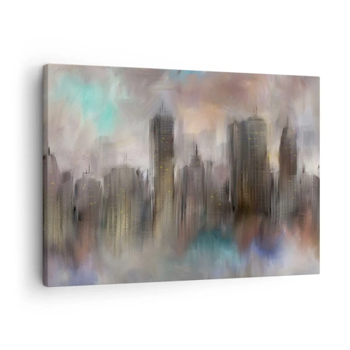 Obraz na płótnie - Artystyczna wizja miejskiego krajobrazu z wieżowcami w pastelowych barwach - 70x50cm - Kompozycja ze stali, kamienia i mgły - Nowoczesna dekoracja ścienna do salonu i sypialni ARTTOR