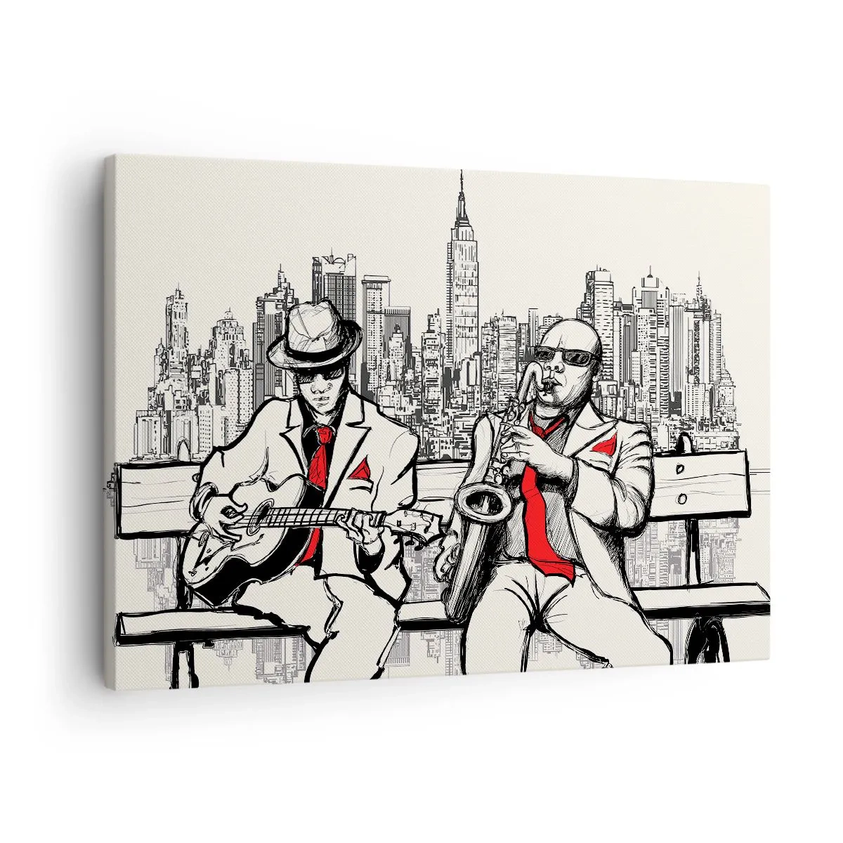 Obraz na płótnie - Jazzowy duet z saksofonem i gitarą na tle miasta - 70x50cm - Nowojorska improwizacja - Nowoczesna dekoracja ścienna do salonu i sypialni ARTTOR