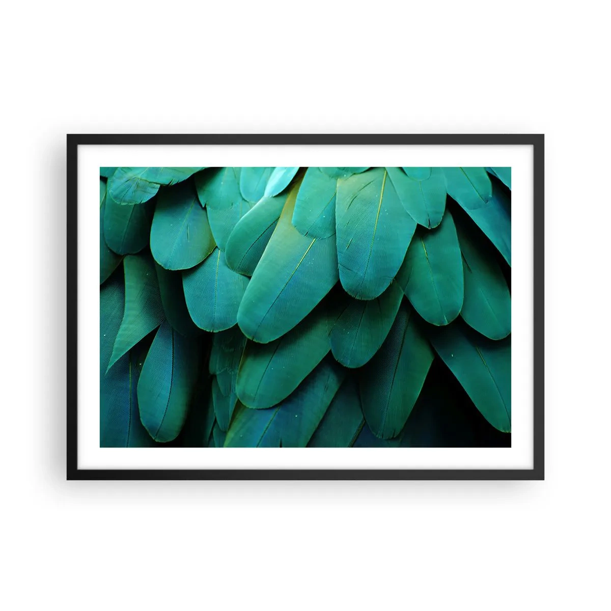 Plakat w czarnej ramie - Detal piór w odcieniach zieleni - 70x50cm - Precyzja papuziej natury - Nowoczesna dekoracja ścienna do salonu i sypialni ARTTOR