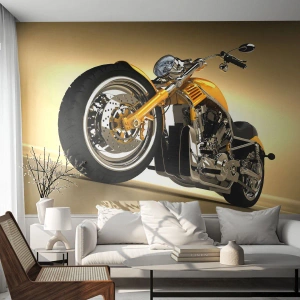 Fototapeta Premium Sand - Żółty chopper na tle gradientowego złotego tła - 100x70cm - Marzenie o sile i prędkości - Nowoczesna dekoracja ścienna do salonu, kuchni i sypialni ARTTOR