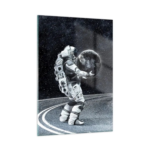 Obraz na szkle - Astronauta niosący Ziemię po drodze we wszechświecie - 50x70cm - Na Mlecznej Drodze - Nowoczesna dekoracja ścienna do salonu, kuchni i sypialni ARTTOR